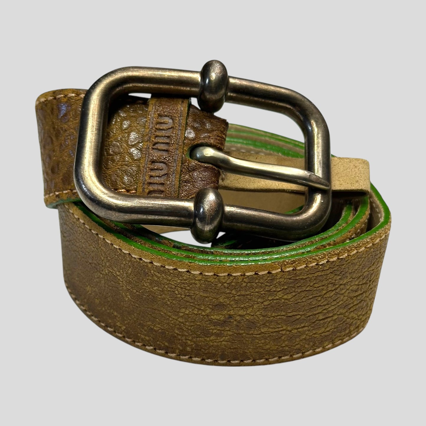 Miu Miu 00’s Leather Textured Metal Buckle Logo Belt - 30-38