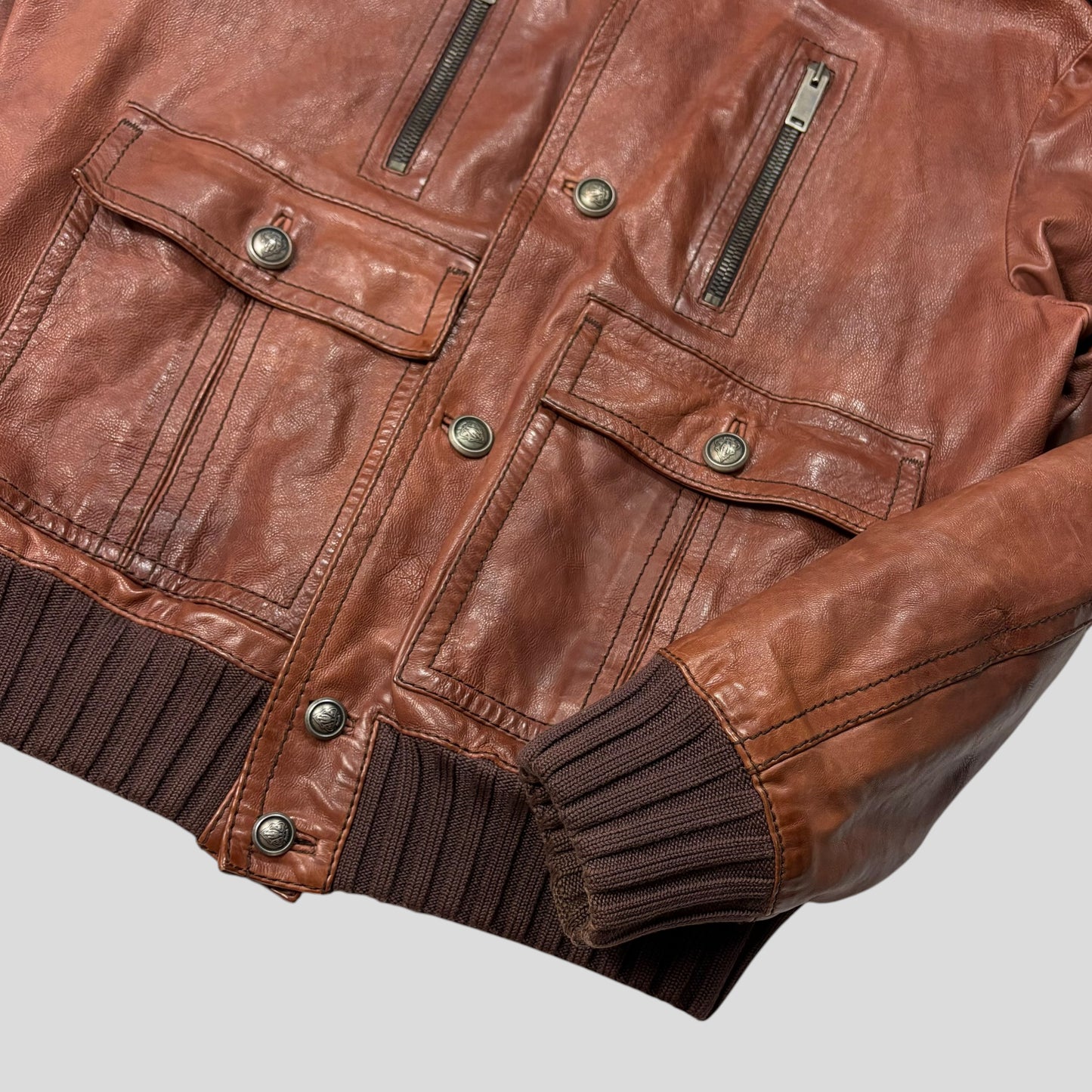 Gucci 2006 Madonna Cognac Leather Crest Button Bomber Jacket - L