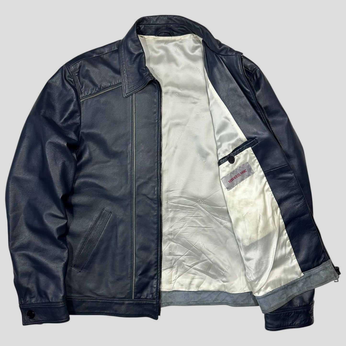Versace 90’s Classic Premium Blue Leather Piped Moto Jacket - M