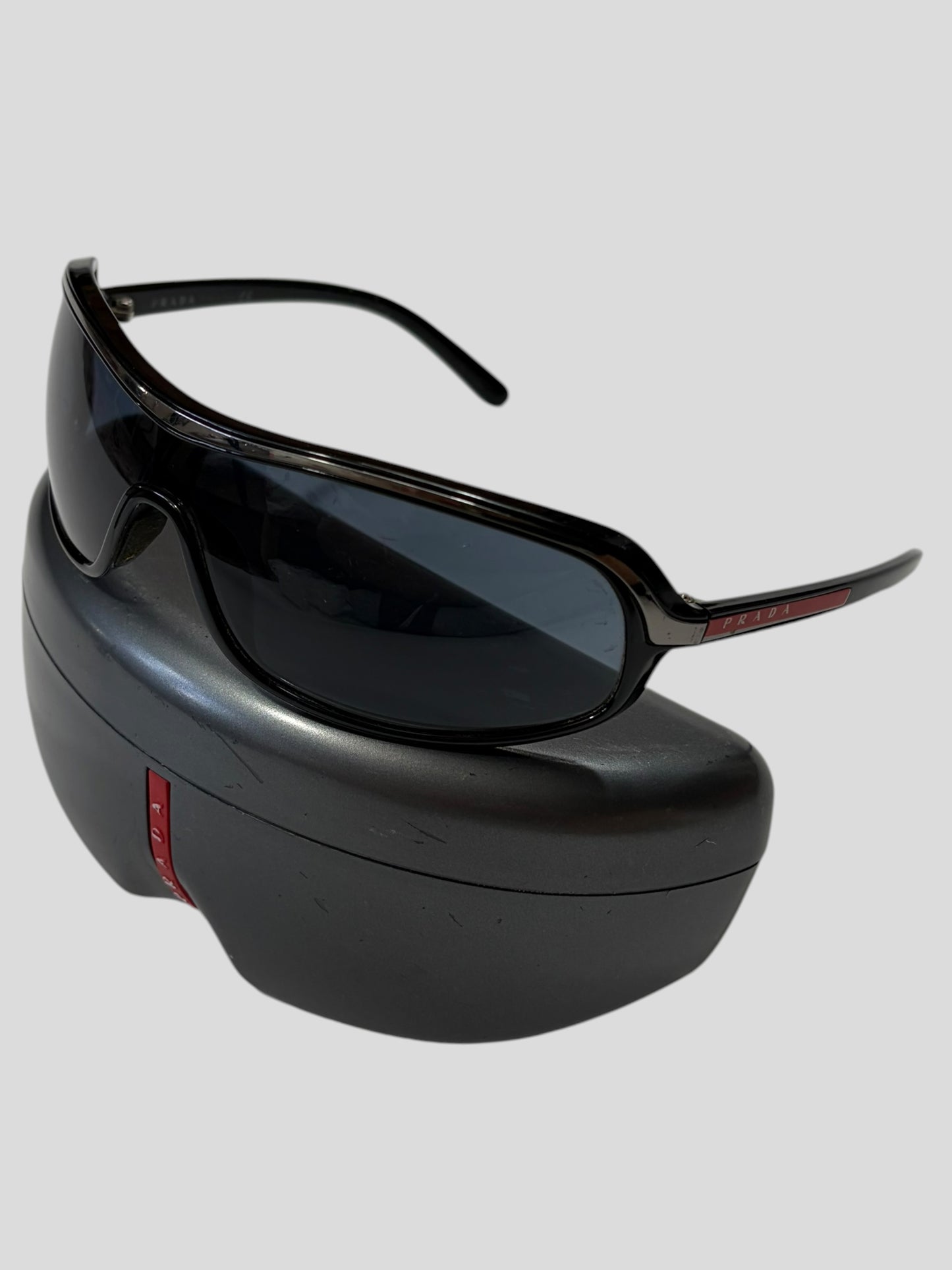Prada Sport 00’s Red Logo Blue Lens Shield Sunglasses