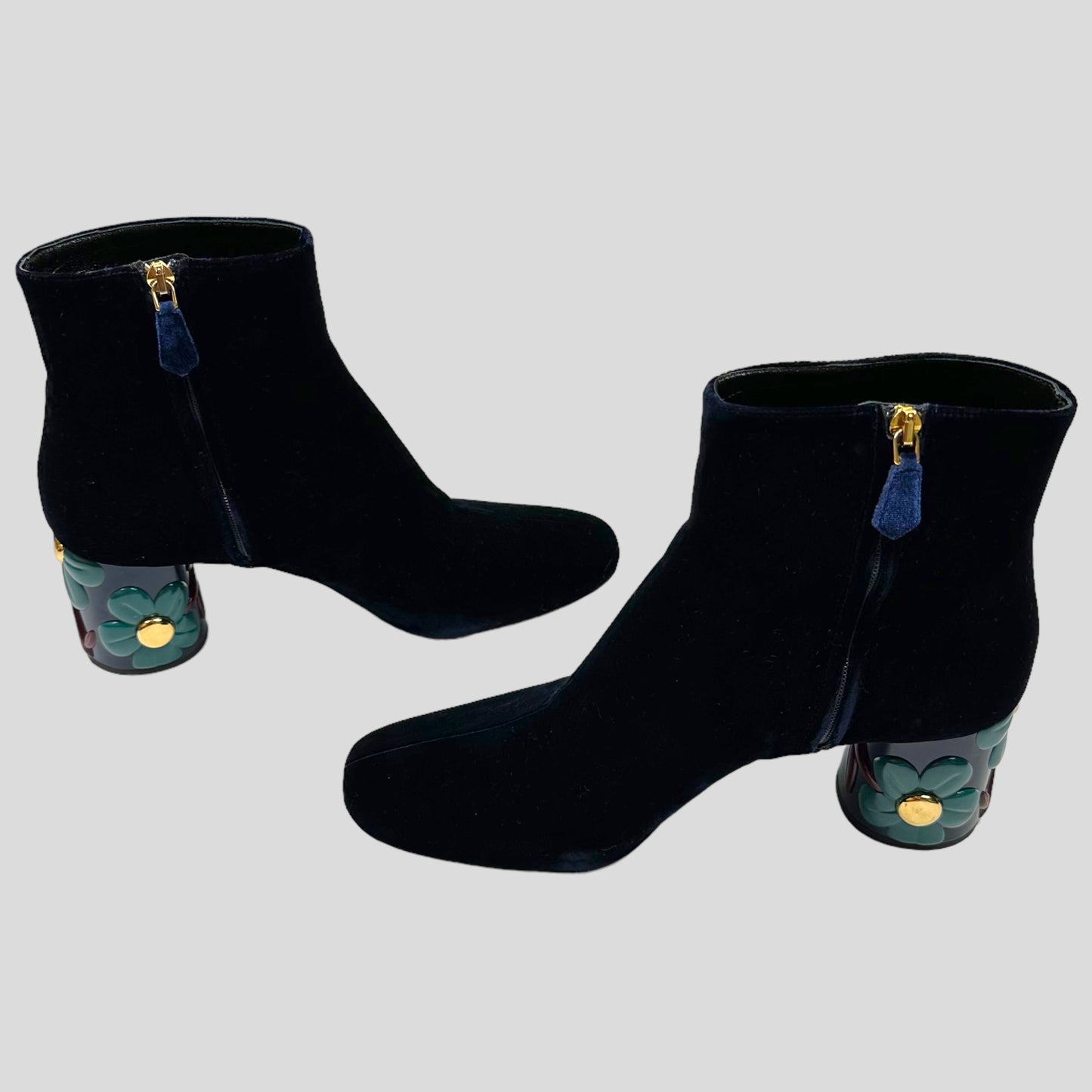 Prada Milano Floral Heel Blue Velvet Boots - UK7