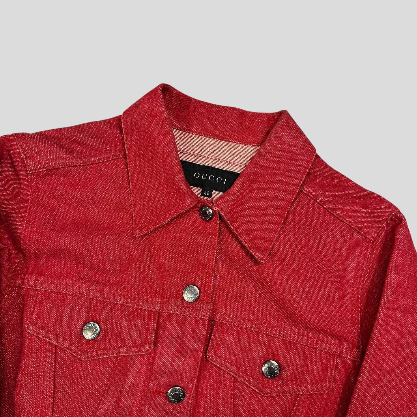 Gucci by Tom Ford 1999 Red Denim Cropped Front Drop Jacket - IT42