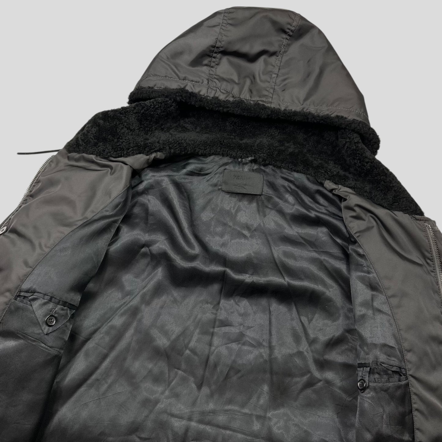 Prada Milano 00’s Sherpa Hood Padded Nylon Canvas Multipocket Coat - XXL