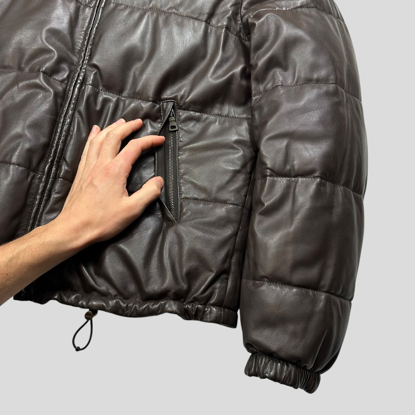 Prada Milano 2012 Leather Reversible Triangle Logo Nylon Puffer Jacket - L