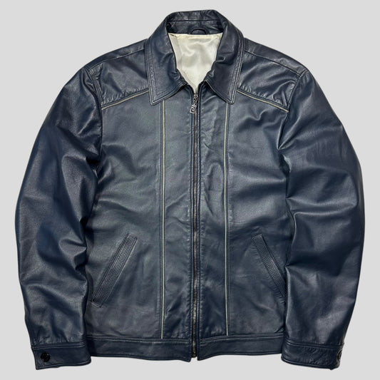 Versace 90’s Classic Premium Blue Leather Piped Moto Jacket - M