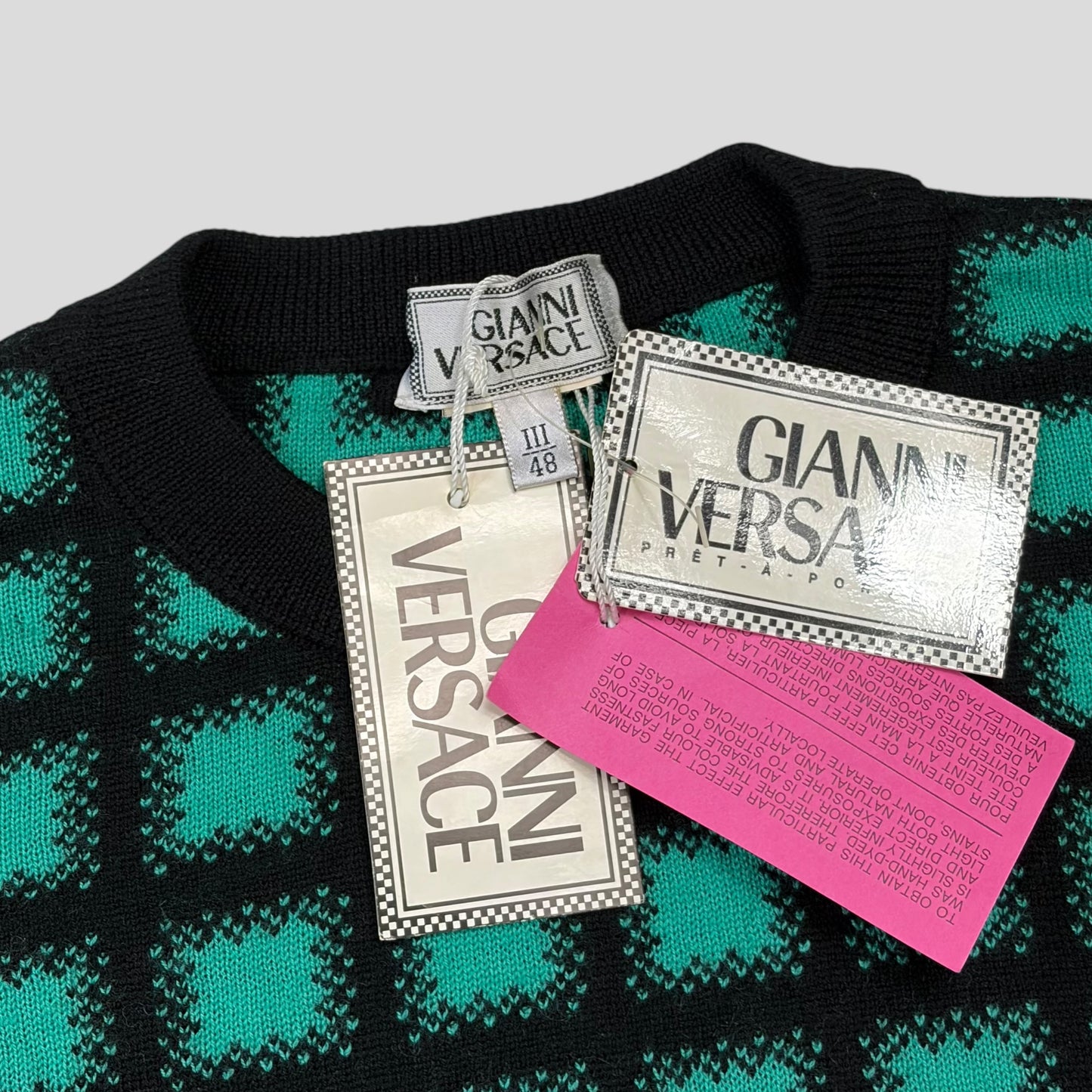 Gianni Versace 1991 Gradient Grid Graphic Knitted Wool Jumper - M/L