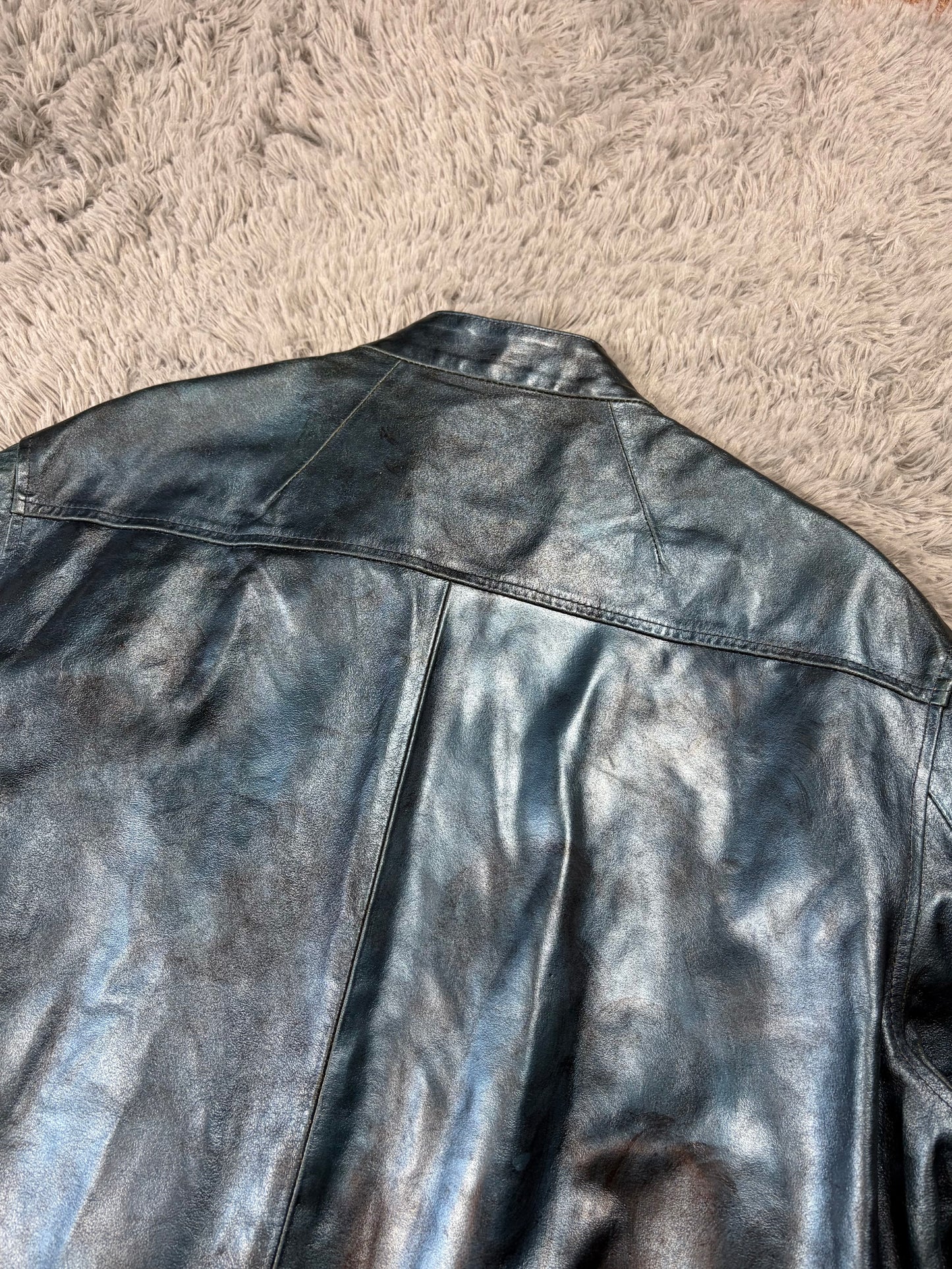 Versace VJC 00’s Blue Leather Metallic Rockstar Jacket - L