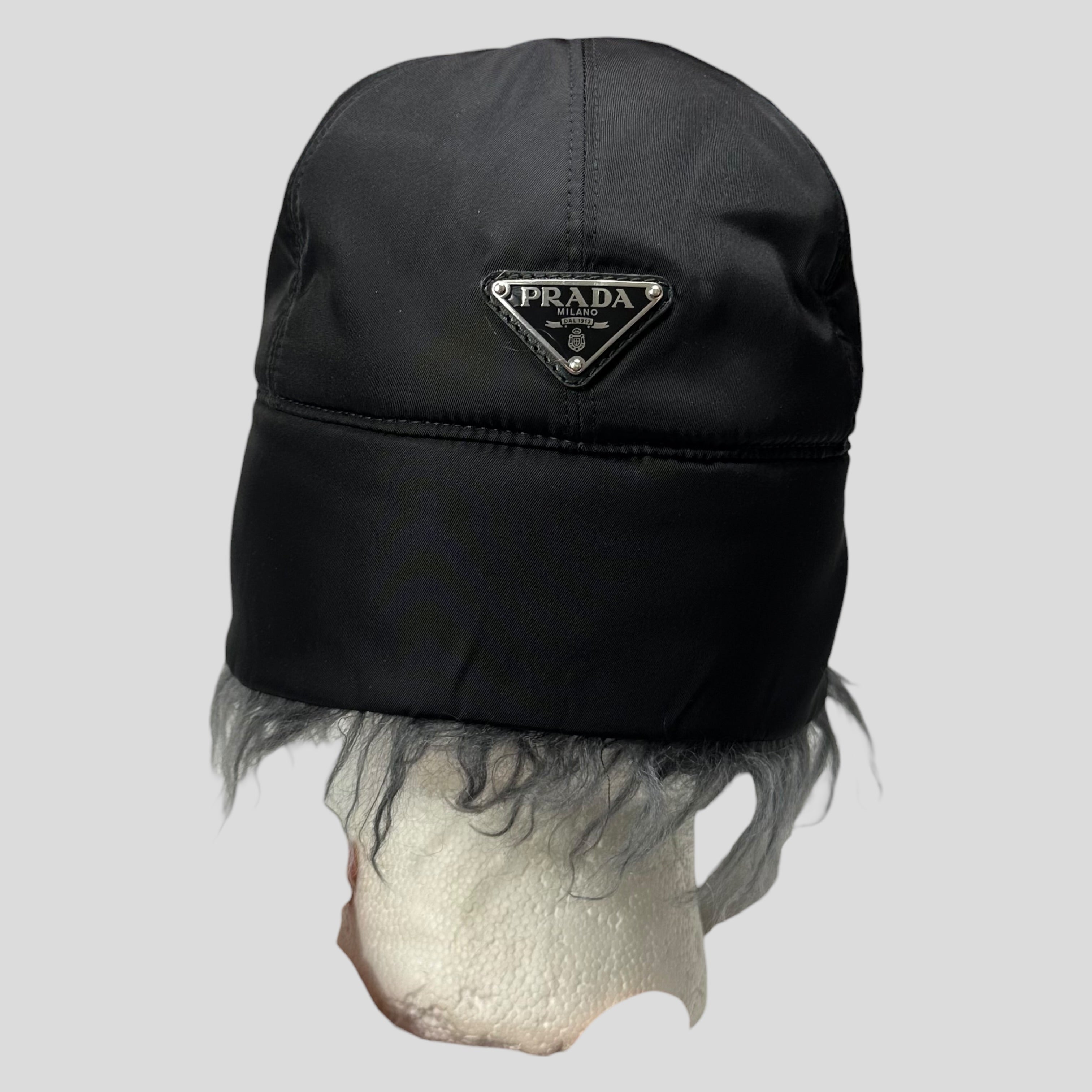Prada Milano FW19 Mohair & Wool Triangle Logo Nylon Trapper Hat