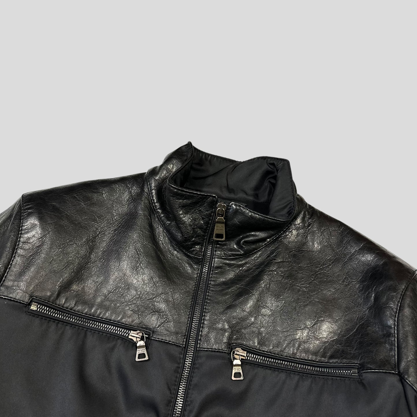 Prada Milano 2011 Gabardine Nylon Leather Jacket + Belt - M