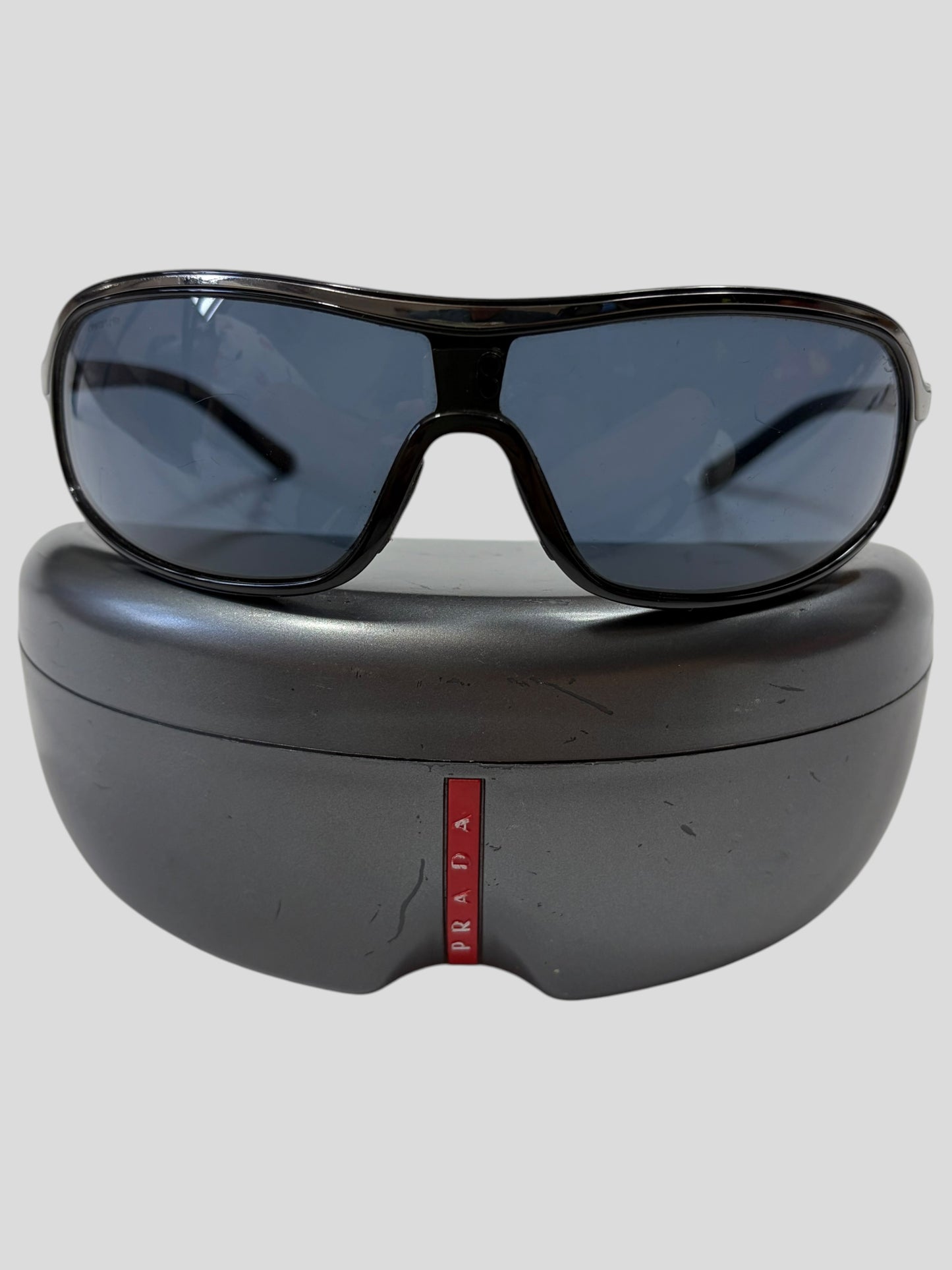 Prada Sport 00’s Red Logo Blue Lens Shield Sunglasses