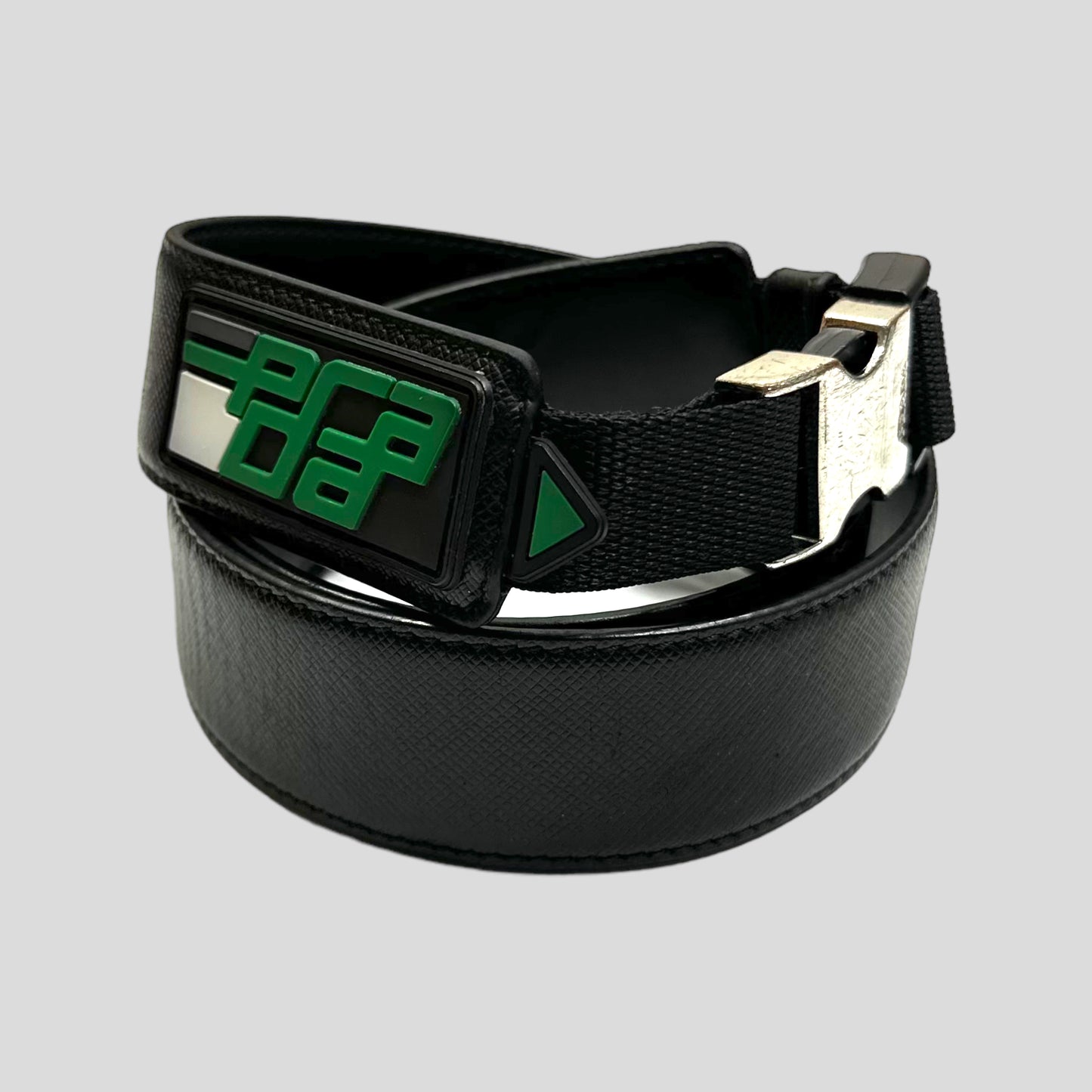 Prada 2018 Rubber Race Logo Saffiano Leather Belt