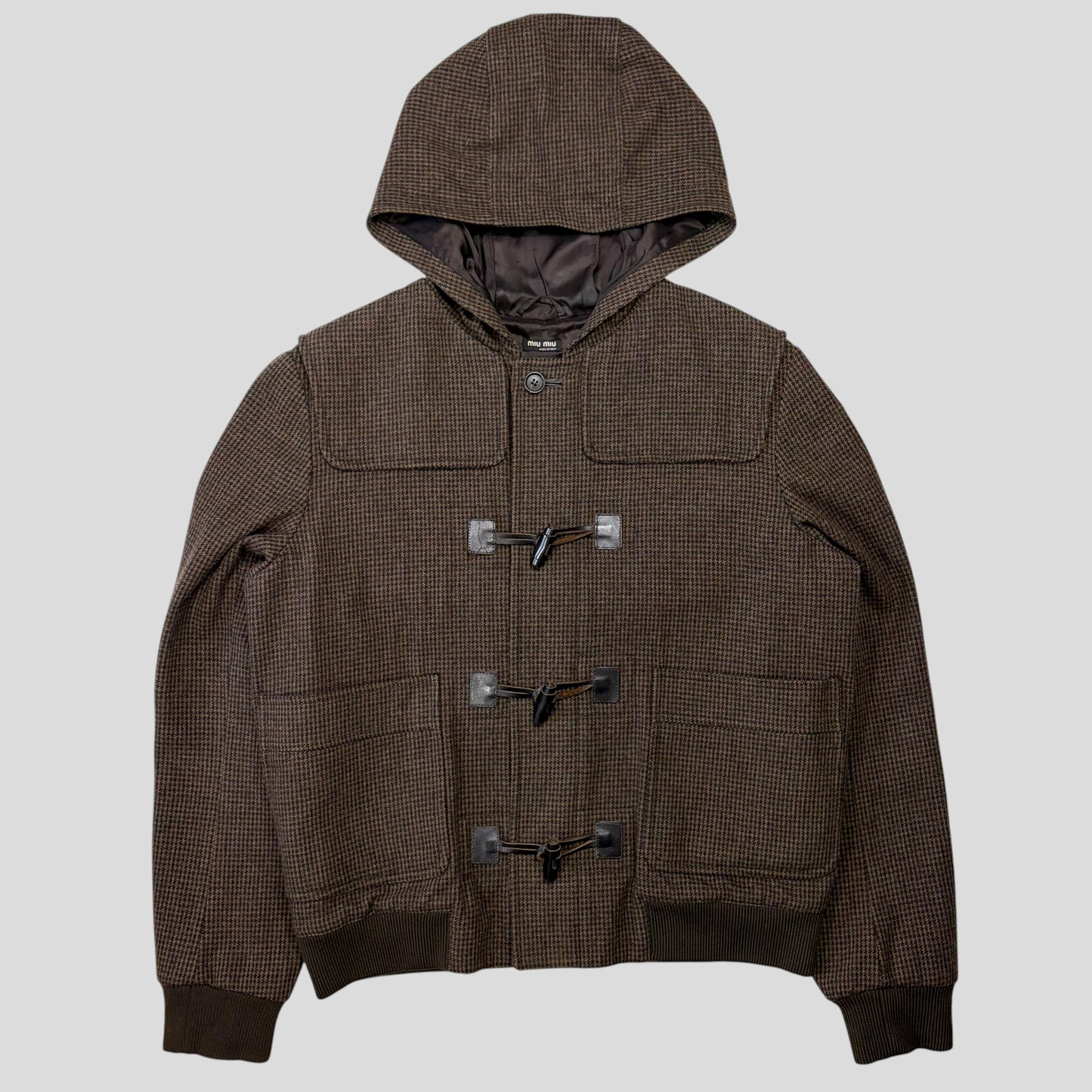 Miu Miu 00’s Herringbone Wool Cropped Duffle Toggle Jacket - IT52