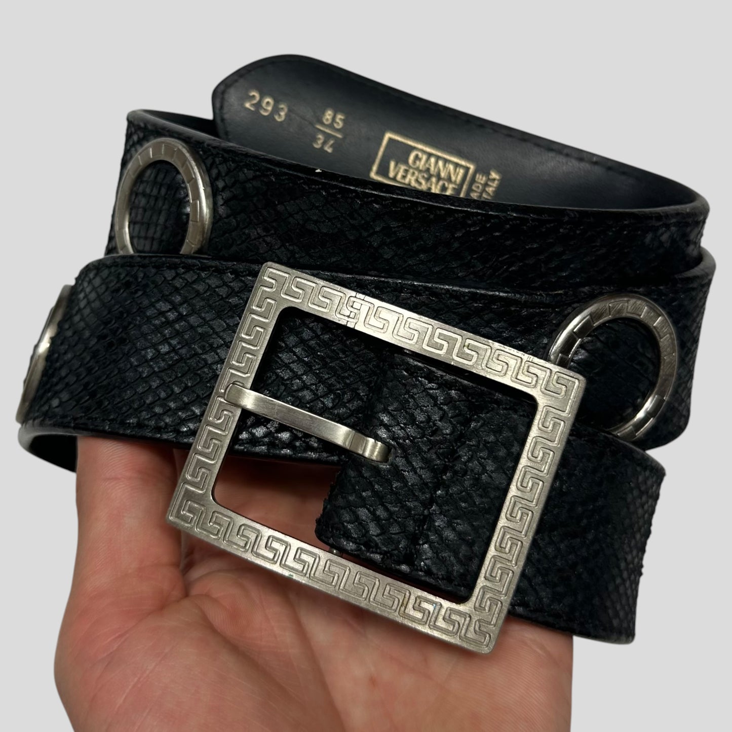Gianni Versace 90’s Snakeskin Leather Greek Key Belt