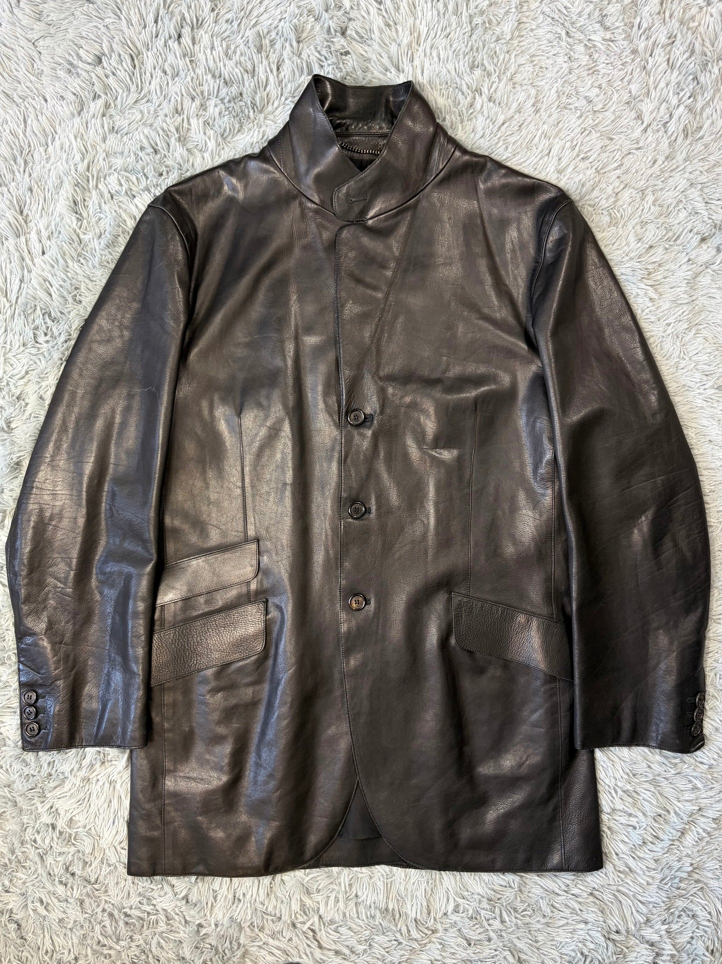 Prada Milano 00’s Black Leather Lined Asymmetric Blazer Coat - IT52
