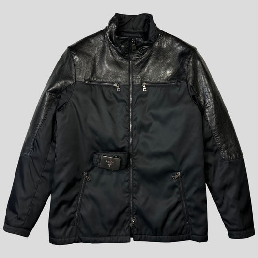 Prada Milano 2011 Gabardine Nylon Leather Jacket + Belt - M