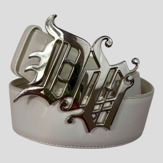 Gianni Versace 90’s White Leather Gothic DV Metal Buckle Rocker Belt