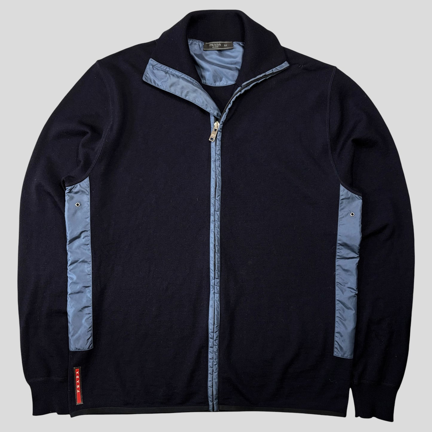 Prada Milano 2017 Nylon Panelled Red Tab Logo Knit Cardigan - IT52