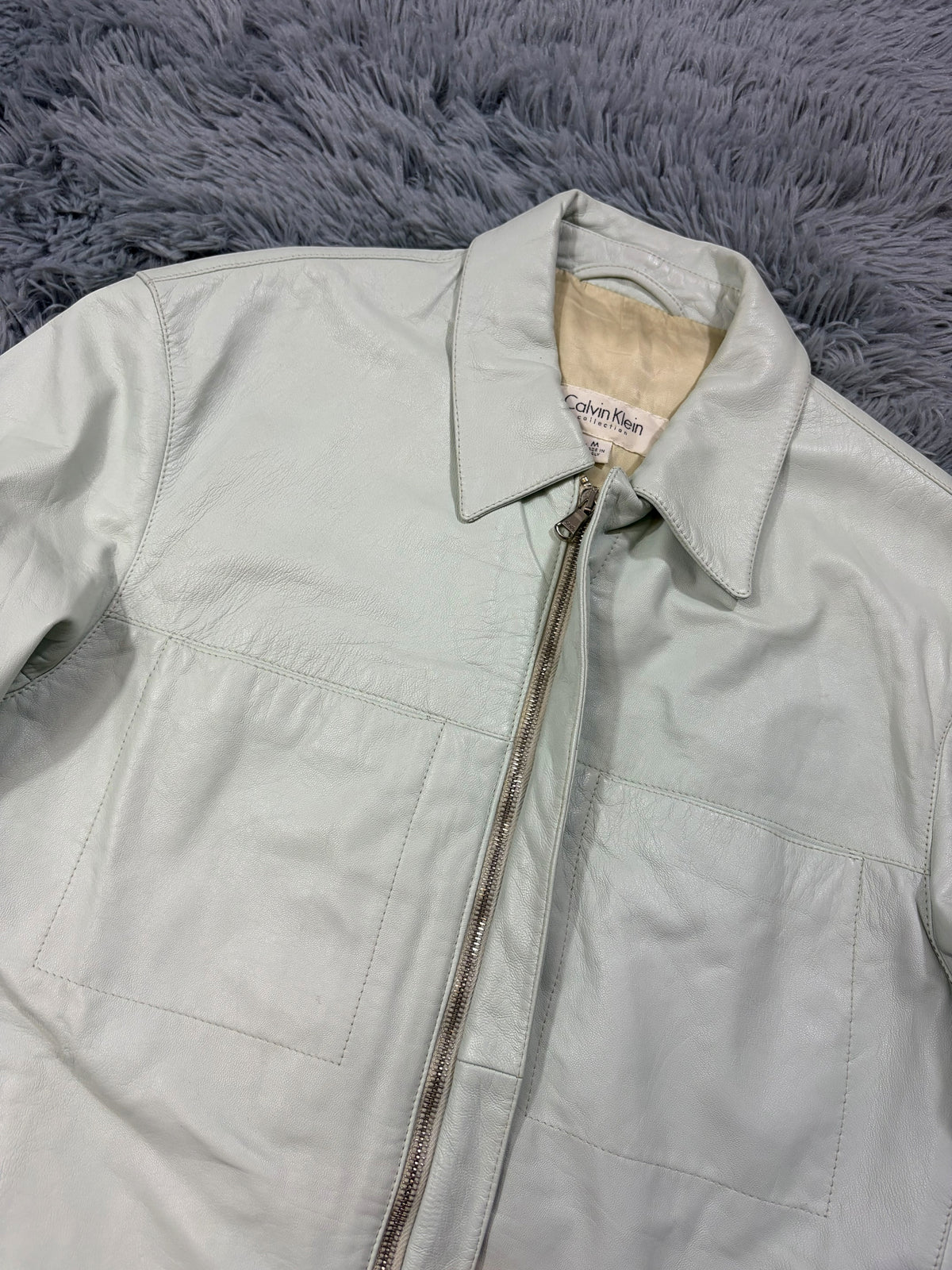Calvin Klein Collection 00’s Mint Green Leather Fitted Trucker Jacket - M