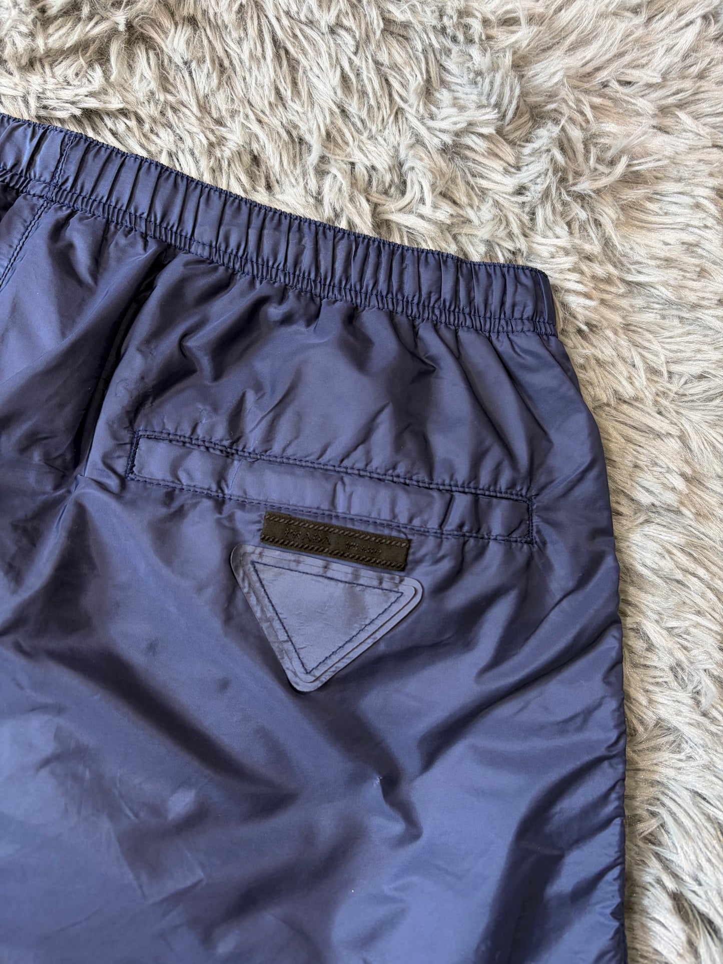 Prada Milano 2018 Triangle Double Logo Blue Nylon Shorts - IT46