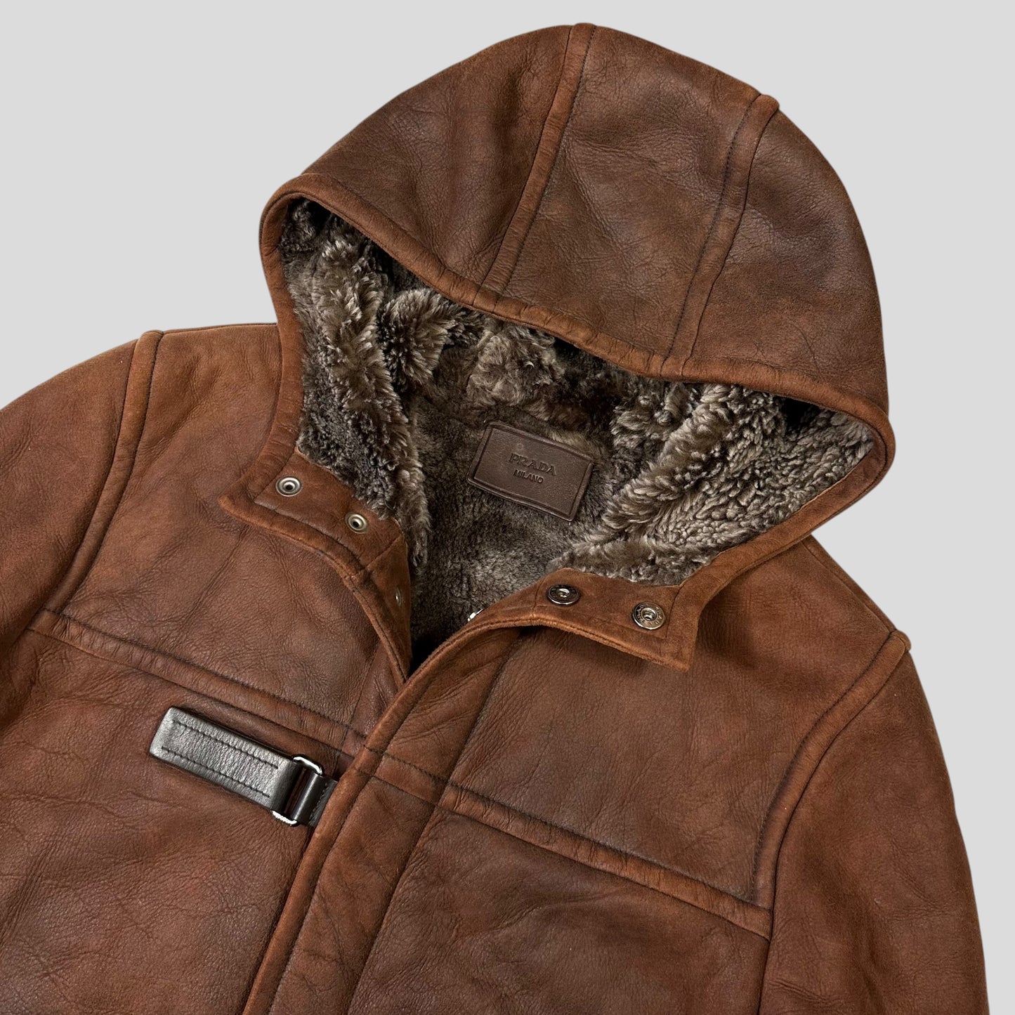 Prada Milano 2010 Sheepskin Fur & Leather Strap Hooded Coat - IT50
