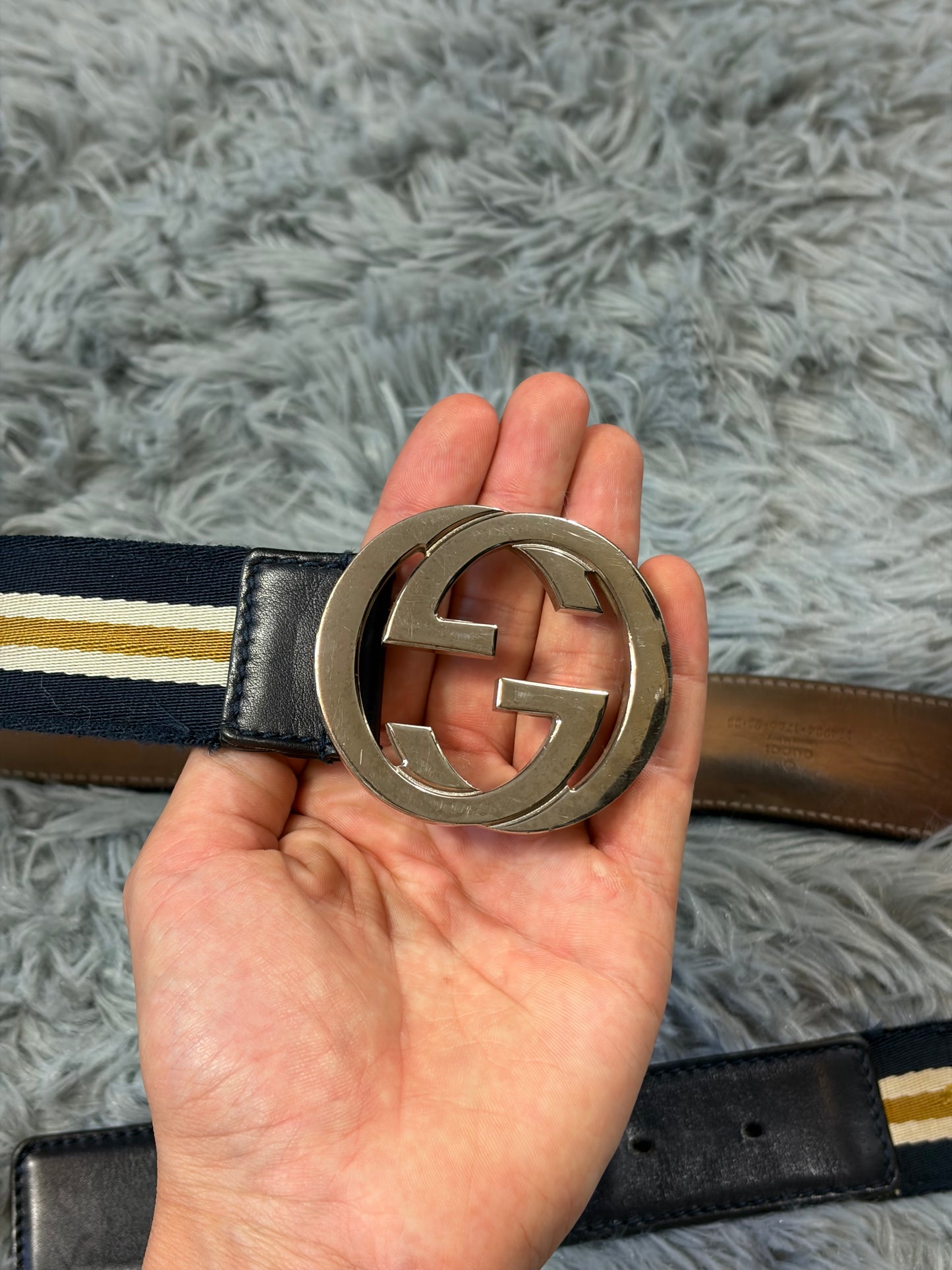 Gucci by Tom Ford 00’s Metal GG Canvas Web Logo Striped Belt