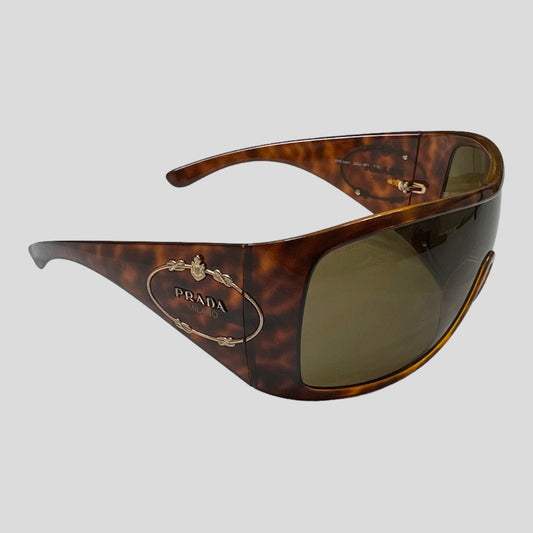 Prada 2005 Tortoiseshell Wraparound Shield Logo Sunglasses