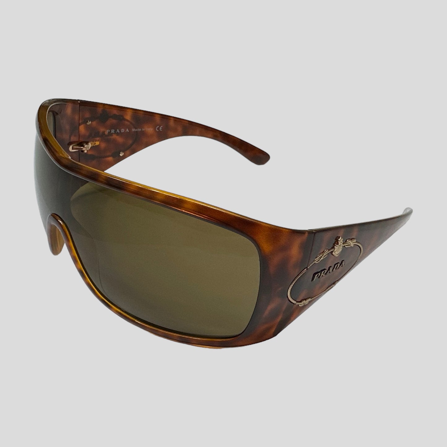 Prada 2005 Tortoiseshell Wraparound Shield Logo Sunglasses